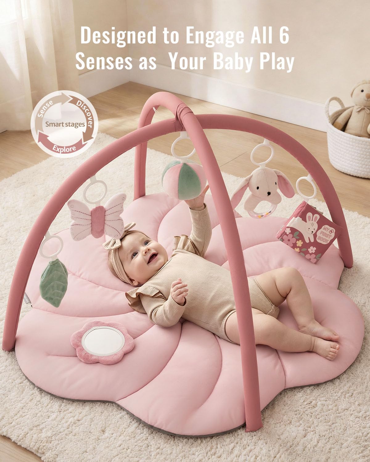 Blissful Diary Baby Play Gym Mat, Tummy Time with 6 Detachable Toys for Sensory & Motor Skill Development, Baby Activity Mat for Girl Boy Newborn Essentials Shower Gift, Pink Floral