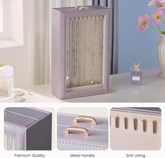 Lolalet Necklace Organizer Box, Jewelry Storage Box with Clear Window for Necklaces Bracelets, Tangle-Free Necklace Display Case for Women Girls -Dusty Purple, 2 Layers 20 Hooks