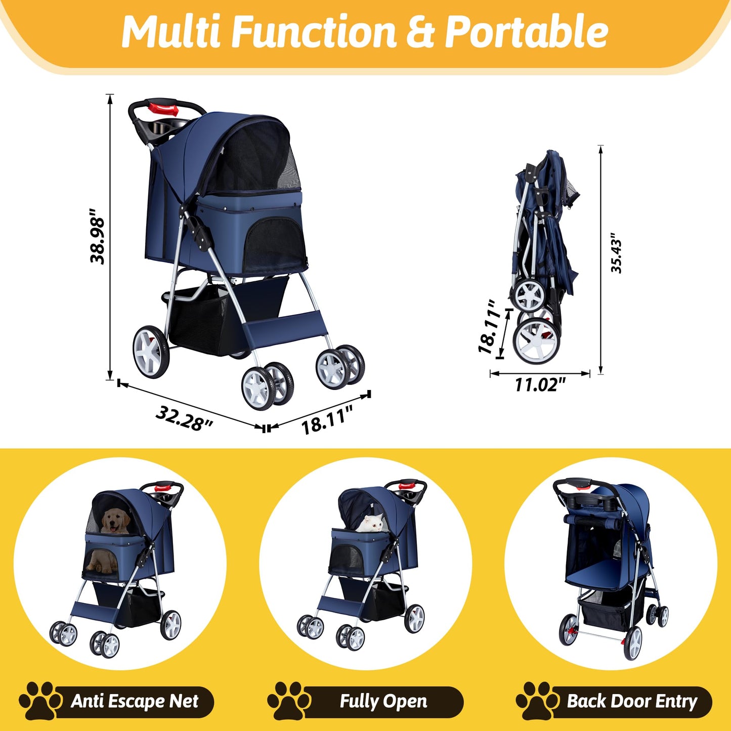 Azaeahom Pet Stroller, 4 Wheels Pet Strolling Cart for Medium/Small Dogs and Cats, Foldable Cat Jogger/Dog Stroller with Cup Holder, Storage Basket, Breathable Mesh, All-Season Pet Carrier, Navy Blue