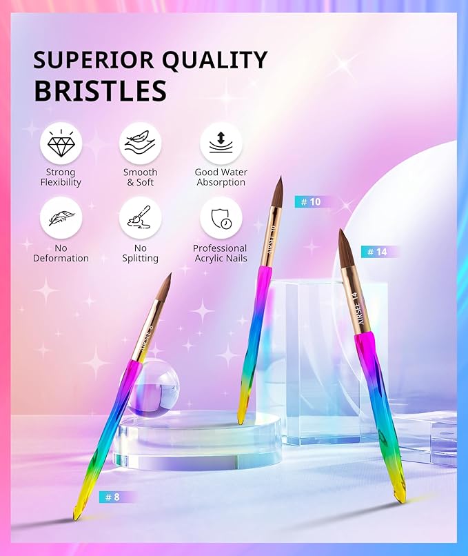 AIRSEE 3PCS Acrylic Nail Brush Set Size 8/10/14 Professional for Acrylic Application, Nail Extension, 3D Carving 3A+ Nylon DIY Salon Home, Colorful