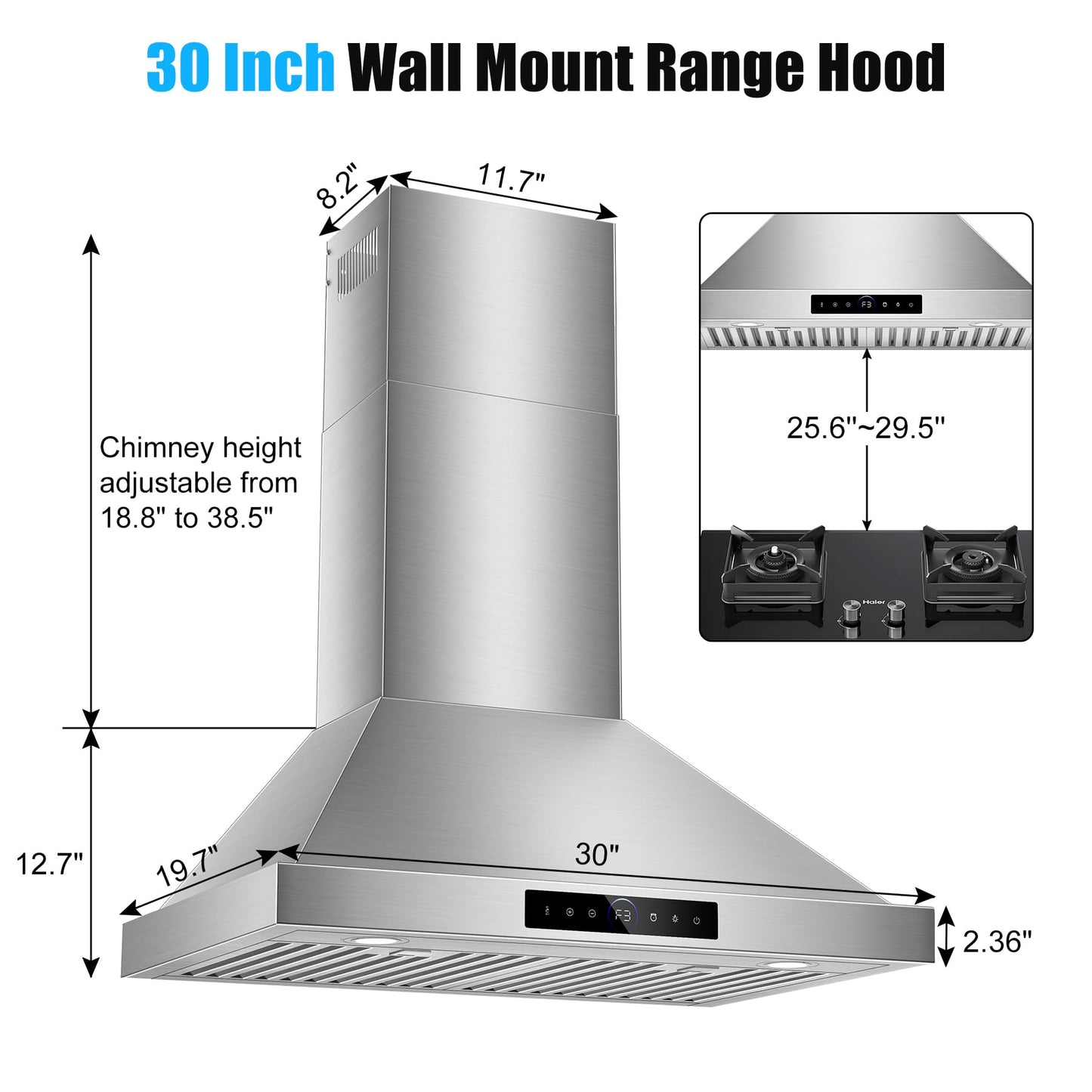 30 inch Range Hood Wall Mount, 1200 CFM with 4-Speed Gesture Sensing & Touch Control, Stainless Steel Ducted Kitchen Stove Vent Hoods with 2 LED Lights, Time Setting, Dishwasher-Safe Baffle Filters