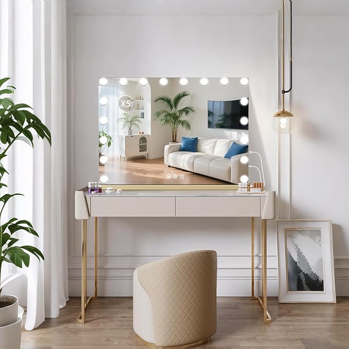 Vanity Mirror with Lights, 31.5" x 23.6" Large Makeup Mirror with LED Lights, Smart Touch Dimmable 3-Color Light, Memory Function, USB Charging Port Gold
