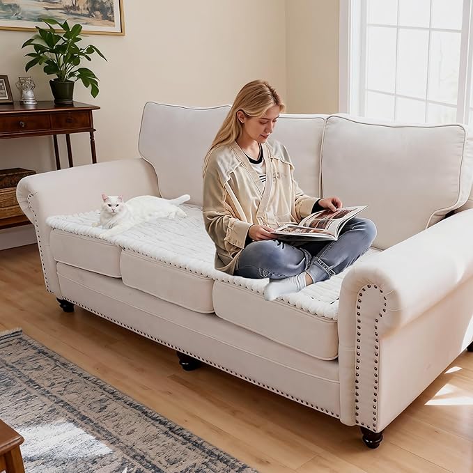 Waterproof Couch Cover for Dogs Washable,Non Slip Fuzzy Durable Couch Covers for 3 Cushion Sofa Pet Friendly Sofa Cover Dog Thick Soft Slipcovers Protector Couches Mat Bed (White, 27.6" x 59.06")