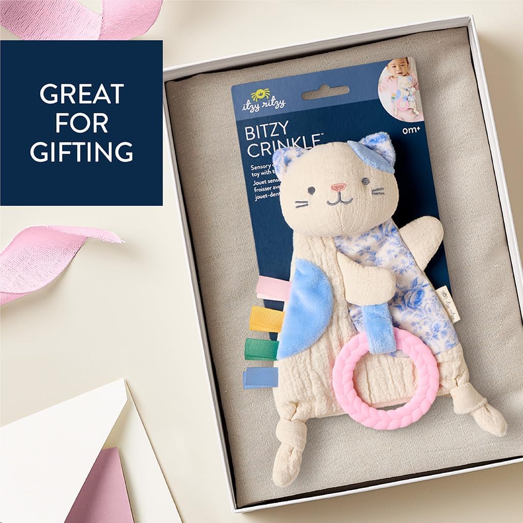 Itzy Ritzy - Bitzy Crinkle Sensory Toy for Babies & Toddlers — Features Crinkle Sound, Soft Braided Teething Toy Ring & Textured Ribbons — Gender Neutral Baby Item for Ages 0 Months & Up, Kitty