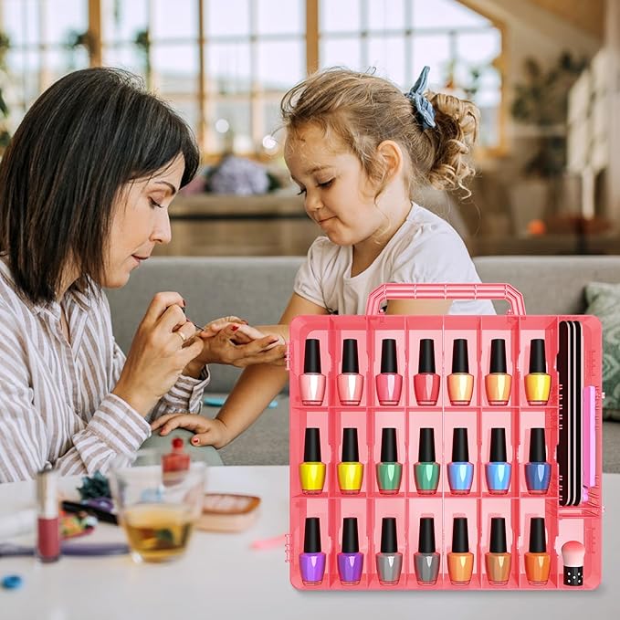 Beloving 2pcs Nail Polish Organizer, Portable 48 Bottles Clear Nail Polish Holder with Adjustable Divider, Gel Nail Polish Storage Double Side Nail Polish Organizer Case for Nail Tech Pink