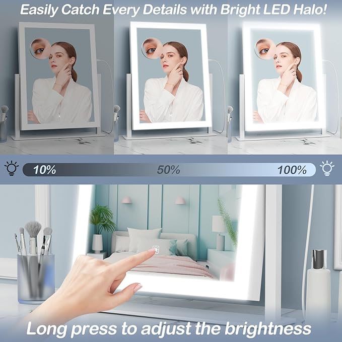 15.2" Lighted Makeup Mirror Hollywood Vanity Mirror with Lights, Three Color Modes,Detachable 10X Magnification Mirror, Smart Touch Control, 360°Rotation White