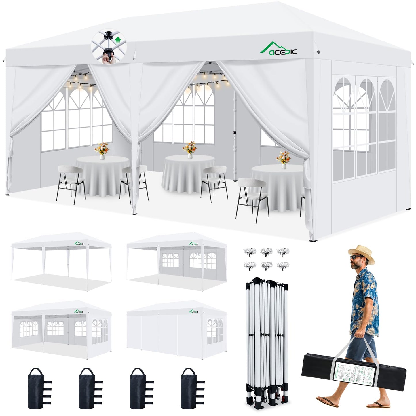 Acepic 10x20 Pop Up Canopy,2 Central Lock Easy Set-up Outdoor Party Tent, Commercial Tent, 6 Removable Sidewalls, Stakes x12, Ropes x6, Hand Bag x1, Sandbags x4 (White, 10 * 20)