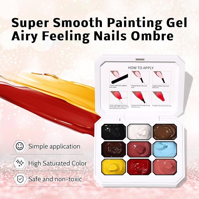 Sponge Pat Paint Nail Gel, 9 Colors Ombre Nails Gradient Gel Nail Blush Blooming Aura Nails Drawing Stripper Floral Painting Nail Art, No Wipe, UV/LED Curing (9 Colors D)