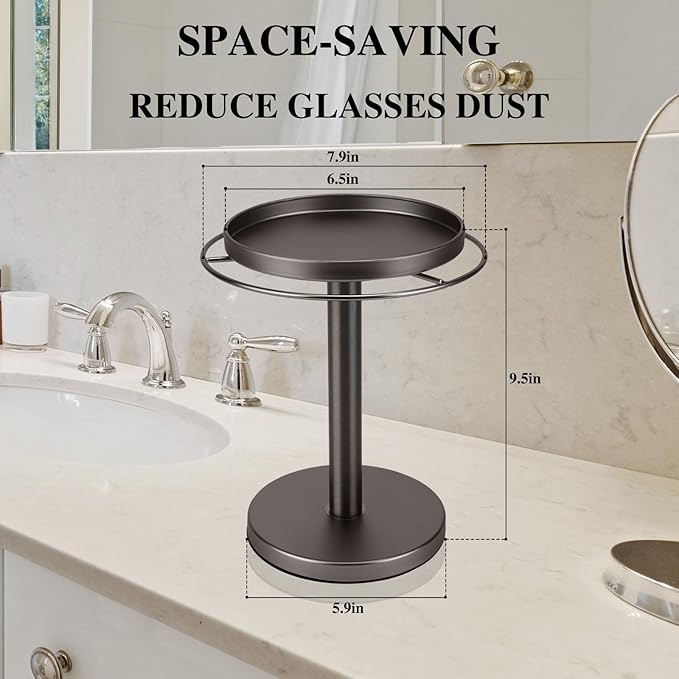 360° Rotating Sunglass Organizer Storage, Stainless Steel Glasses Holder Stand, Glasses Organizer with Tray for Desk, Dresser, Tabletop, Nightstand and Home Decor(Titanium Black)
