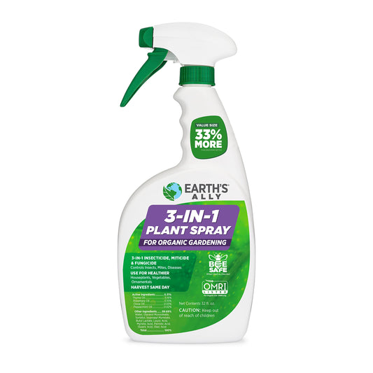 Earth's Ally 3-in-1 Plant Spray for Pests and Disease - Organic Insecticide, Fungicide and Spider Mite Control - OMRI Listed Indoor Outdoor Garden Spray - Safe for Pollinators, Kids and Pets - 32 oz