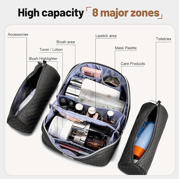 BOYATU Travel Makeup Bag Cosmetic Bags for Women: Large Capacity 3 Pcs Set Make up Bag with Compartments - Waterproof Vegan Leather Toiletry Organizer Bags with Handle (M-71Black)