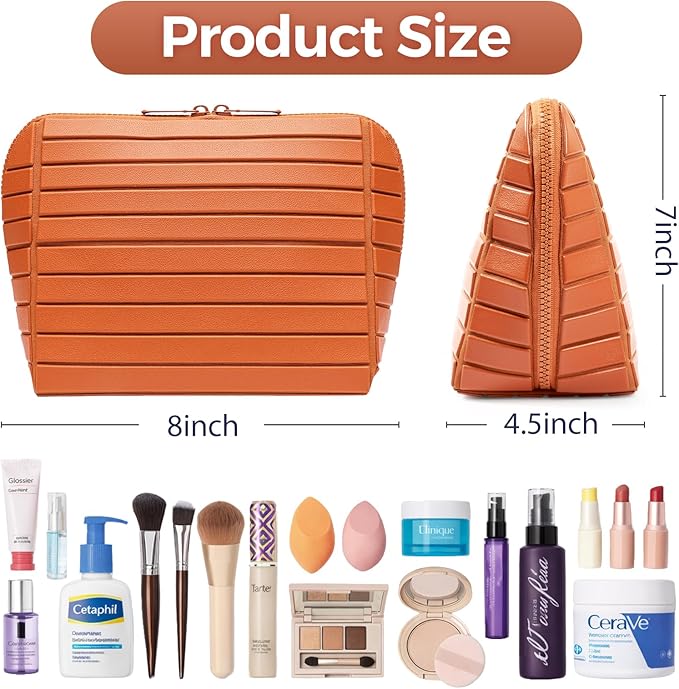 Travel Makeup Organizer Bag with Fold-Down Design and Adjustable Dividers, 27 Pockets & 3 Brush Storage Holders, Large Capacity Cosmetic Bags Toiletry Case - Brown