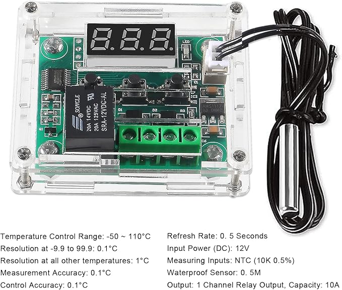 AEDIKO 2pcs W1209 DC 12V Digital Temperature Controller Board Digital Display Thermostat -50-110°C Electronic Temperature Temp Control Module Switch with Waterproof Case