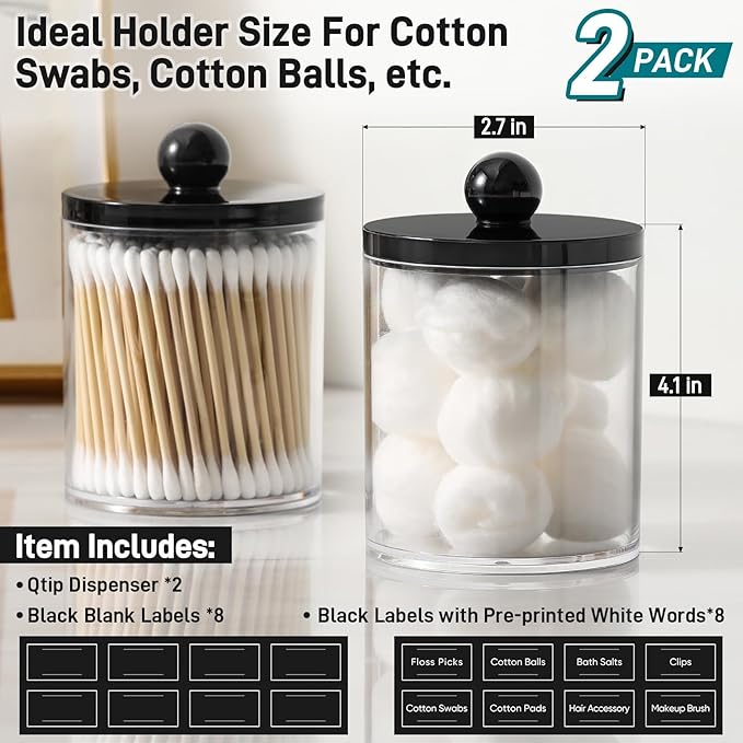 2 Pack Acrylic Qtip Holder Dispenser for Cotton Swabs, Balls, Pads, Floss - Plastic Canister Apothecary Jar Set, Bathroom Essentials Accessories Decor Vanity Makeup Storage Organizer - Clear & Black