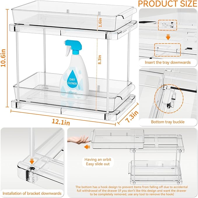 Yieach 2 Pack 10.6Ã¢ÂÂ³ High Pull Out Medicine Cabinet Organizer for Vitamin,Pill Bottle and Supplement,2 Tier Slide out Under the Sink Organizer,Bathroom Vanity Storage and Cupboard Undersink Organizers