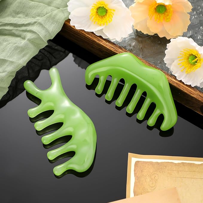 Geiserailie 2 Pcs Jade Combs Esthetician Supplies Massage Stone Hair Gua Sha Scraping Scalp Comb Facial Massage Tool Handheld Head Tools Head Caring Therapy Valentines for Women(Fashion Style)