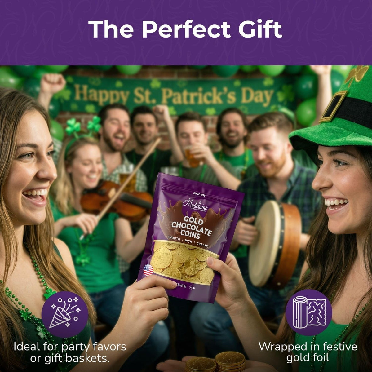 Madelaine St. Patrick’s Day Gold Chocolate Coins - 8 Oz About 40 Assorted Sizes Milk Chocolates Gold Coins - Individually Wrapped St Patrick’s Day Candy Basket Fillers Holiday Treats & Party Favors