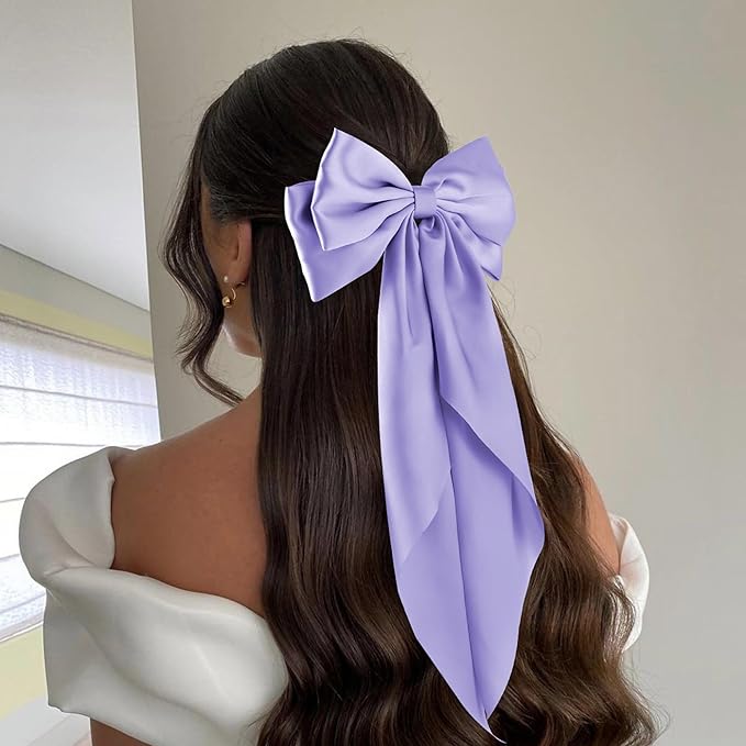 6Pcs Large Bows Hair Clips for Women Girls Long Tail Hair Ribbon Silky Satin Barrettes Coquette Bows Accessories (Black/Purple/Purplered)