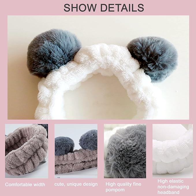 Panda and Bear Headbands for Women Washing Face, Makeup, Girls and Baby Cute Elastic Facial Hair Bands, Beauty Products Spa Shower Headwrap Costume Hair Accessories