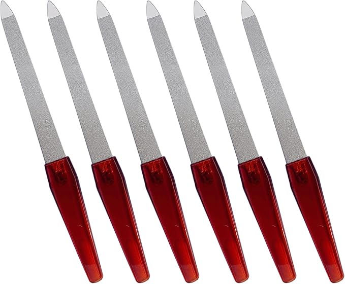Nail File (6 Pcs), Metal Nail Files for Natural Nails Made of Stainless Steel with Sharp Pointed Tip Non Slip Handle, Double Sided Sapphire Grit Fingernails Filers Sword Brown