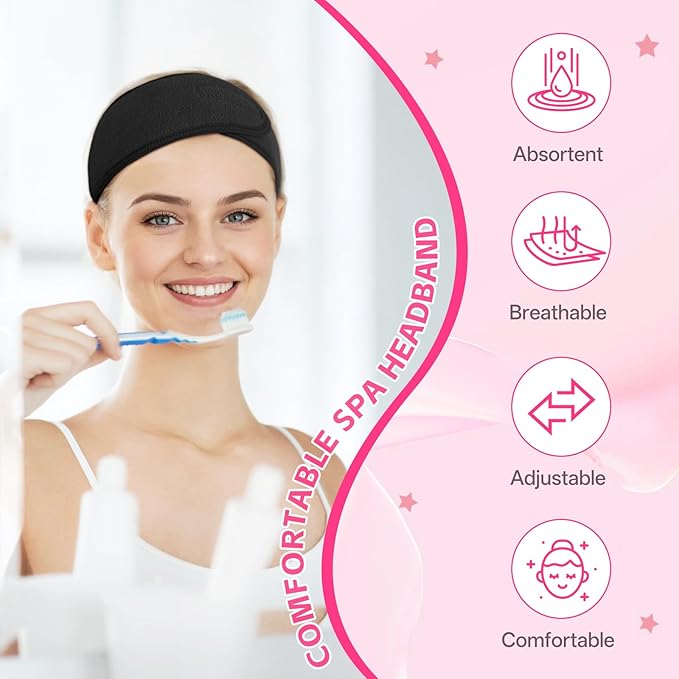 30 Pack Adjustable Spa Headband for Women Non-Slip Facial Hair Wrap for Washing Face, Makeup, Shower, Skincare, and Yoga (Black, 30)
