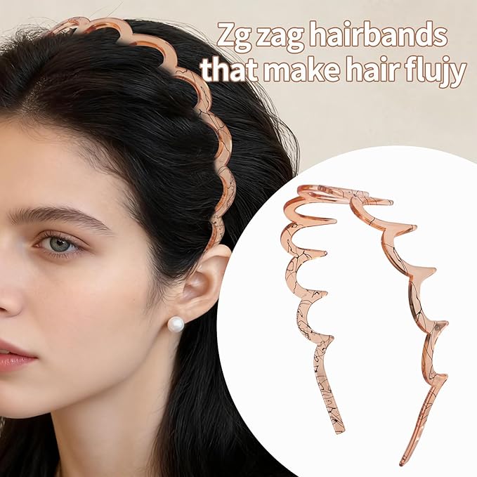 Zigzag Headbands for Women, 2-Pack U-Shaped Hair Comb Headbands, Non-Slip Slick-Back Hair Accessories, Snake Print Gray & Brown Recycled Plastic, Teeth Hairband for Everyday Styling & Workout