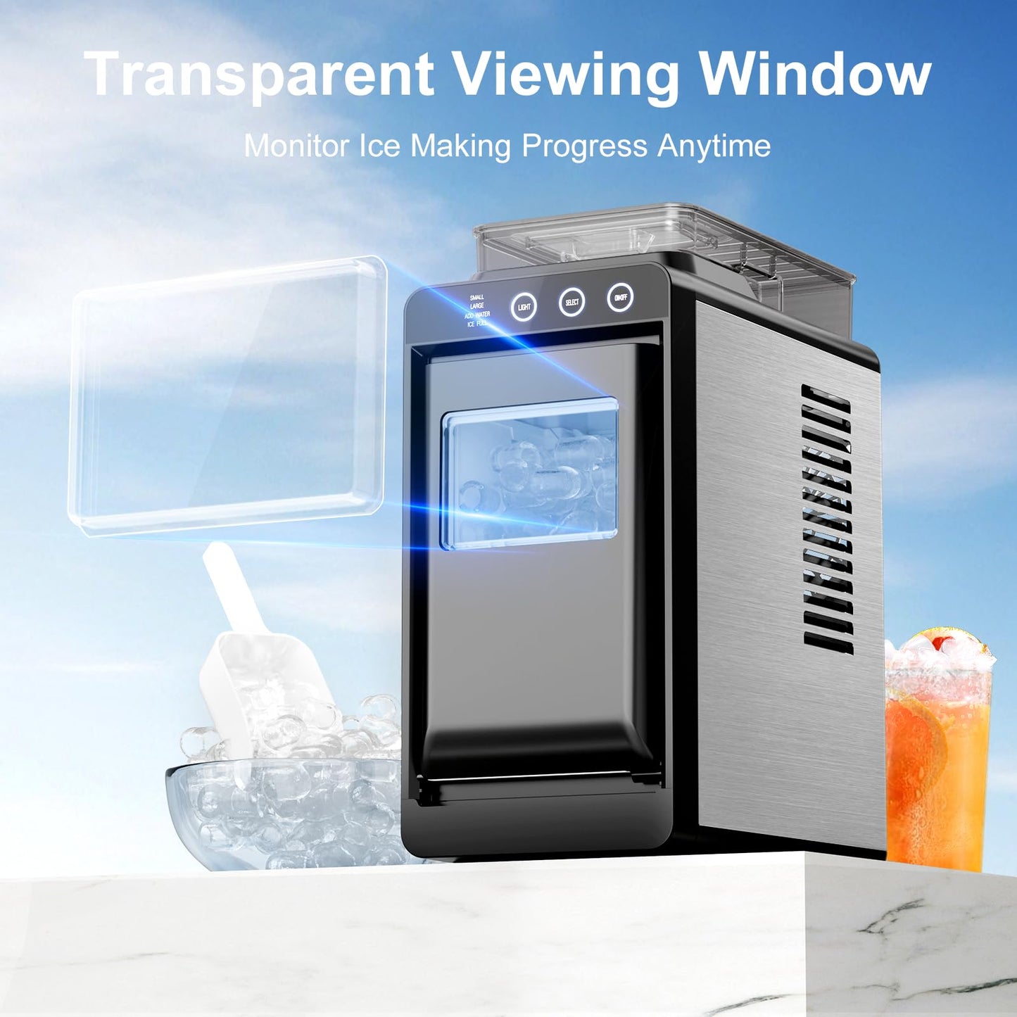 Kismile Countertop Ice Maker with 1.2L Top Water Tank, 8 Bullet Cubes in 6 Mins, 26.5lbs in 24Hrs, 2 Ice Sizes, Self-Cleaning Portable Ice Maker with Basket and Scoop, for Home/Camping/RV, Dark Black