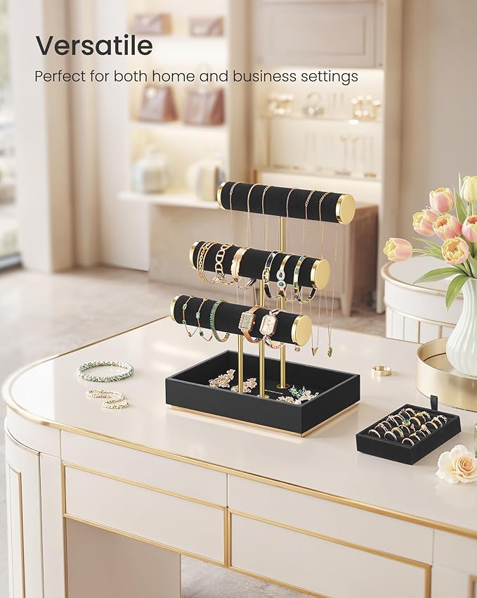 SONGMICS Bracelet Holder Stand, Jewelry Display Stand, Jewelry Organizer, with 3 Tiers and Velvet Tray, Removable Ring Holder, Ink Black UJJS027B01