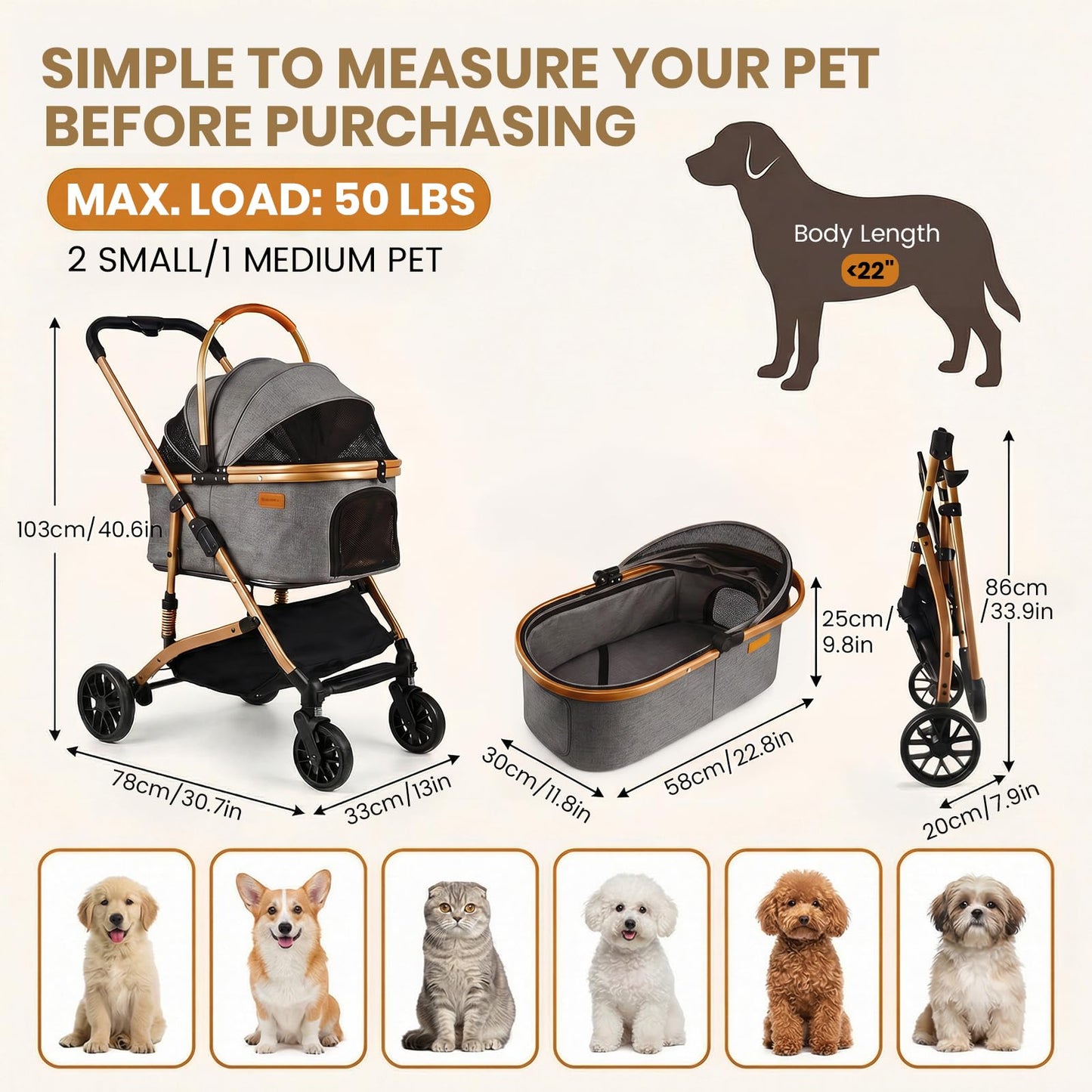 Ioboneed 3-in-1 Dog Stroller with Rain Cover, Quick Foldable, Detachable Carrier & Car Seat, for Medium Dogs Cats Up to 50 lbs, Anti-Shock Solid Rubber Wheels, Grey