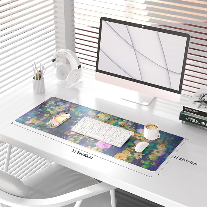 QIYI Large Desk Pad, Waterproof PU Leather Mouse Pad for Desktop, Blue Green Floral Home D??cor Office Desk Accessories, Non Slip Desk Mat Writing Pads for Home Office 31.5" x 11.8" - Ivy Flowers