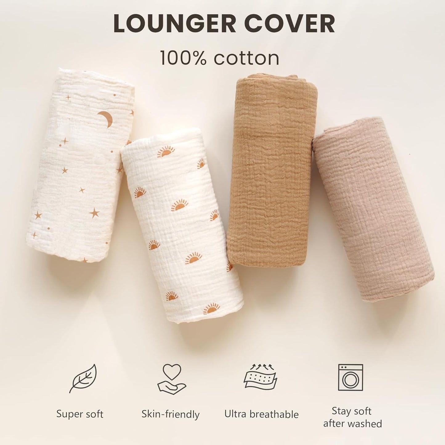 Konssy Muslin Baby Lounger Cover 2 Pack, 100% Cotton Newborn Lounger Cover, Soft and Breathable Lounger Slipcover for Boys Girls, Covers Only (Wheat,Moon)