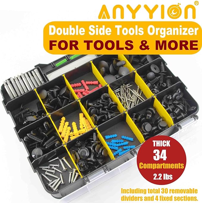 Anyyion Small Parts Organizer, 34-Compartments Double Side parts organizer with Removable Dividers for Hardware, Screws, Bolts, Nails, Beads, Jewelry. (1 PCS, Yellow)
