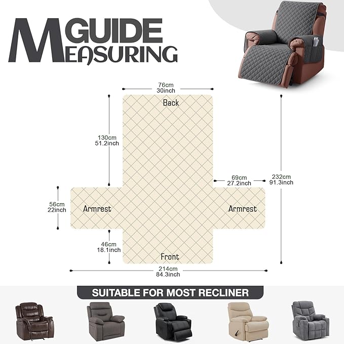 KinCam 100% Waterproof Recliner Chair Cover, Reclining Couch Covers for Pets, Dogs, Recliner Couch Slipcover Furniture Protector with Elastic Straps for Kids(30", Charcoal Gray)