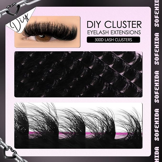 Lash Clusters 300D Volume Lash Clusters 12-25mm Long Volume Cluster Eyelash Extensions D Curvature Waterproof Eyelash Clusters Individual Cluster Lashes Soft Wispy DIY Lash Extension by Sofenida