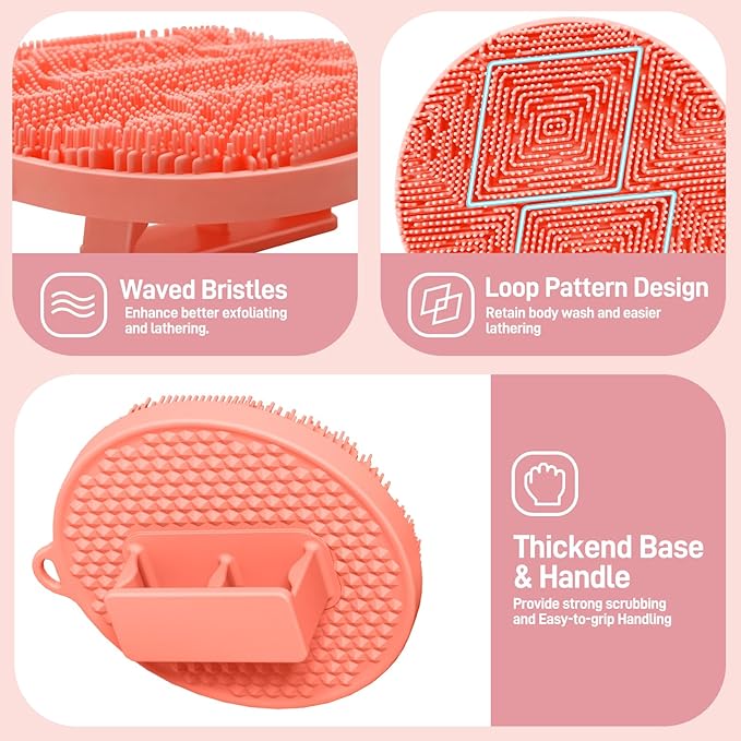 Silicone Body Scrubber for Shower, Durable Silicone Loofah with Waved Bristles and Non-Slip Handle, Hygienic Body Buffer Shower Scrubber for Gentle Exfoliating & Lathering(Pink)