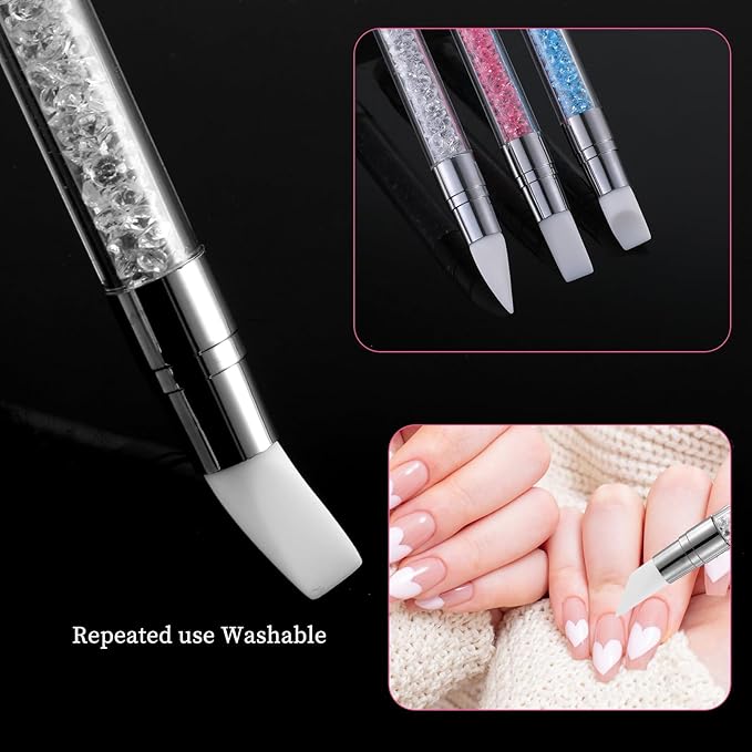 3 Pcs Nail Art Sculpture Pen, Dual Tipped Silicone Nail Tools, Silicone Head Acrylic Handle Nail Art Brushes, Rhinestone Nail Polish Carving Pen, Nail Art Tools for Home Salon(White, Pink, Blue)