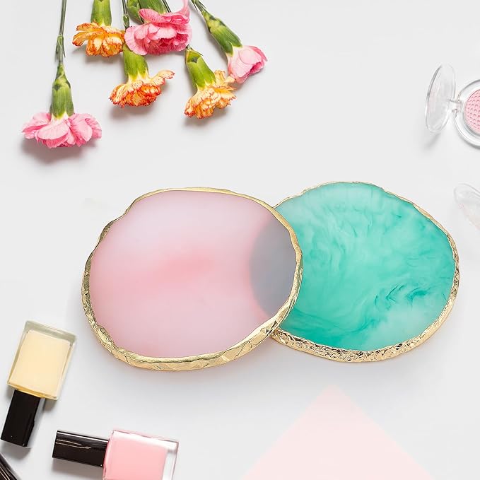 Pengxiaomei 2 Pcs Resin Green Pink Nail Art Palette, Nail Polish Palette Nails Tools Gold Edge Nails Supplies Easter Gifts for Women Easter Basket Stuffers