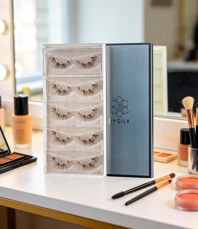 DYSILK Naked Strip Lashes 5 Pairs - 6D Natural Lashes Wispy Lashes Fake Eyelashes Lightweight Natural Look, Reusable & Portable, Invisiband for Comfort, Perfect for Everyday Wear | 14mm (Brown-02)
