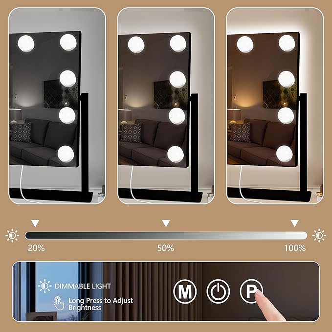 Black Hollywood Vanity Mirror with Lights, 9 Dimmable Bulbs, 3 Color Lights,Make Up Lighted Mirror, 10x Magnification 360°Rotation(12" x 14")