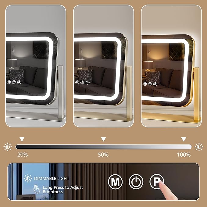 Gold Vanity Mirror with Lights 14"×12", Led Makeup Mirror, Lighted Makeup Mirror with 3 Color Dimmable Lights, Smart Touch Screen Control, 360°Rotation