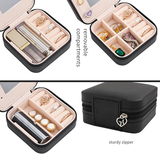 KElofoN Travel jewelry case Travel jewelry box Travel Jewelry Organizer Small Jewelry Organizer Box Gift for Girls Women with Mirror(Black)