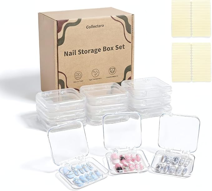 12 Pcs Press on Nail Storage Box with 60 Pcs Double Sided Adhesive Tapes, Nail Packaging Boxes Fake Nail Display Case Crystal Clear Nail Storage Box with Gift Box for Nail Art Business Nail Salon