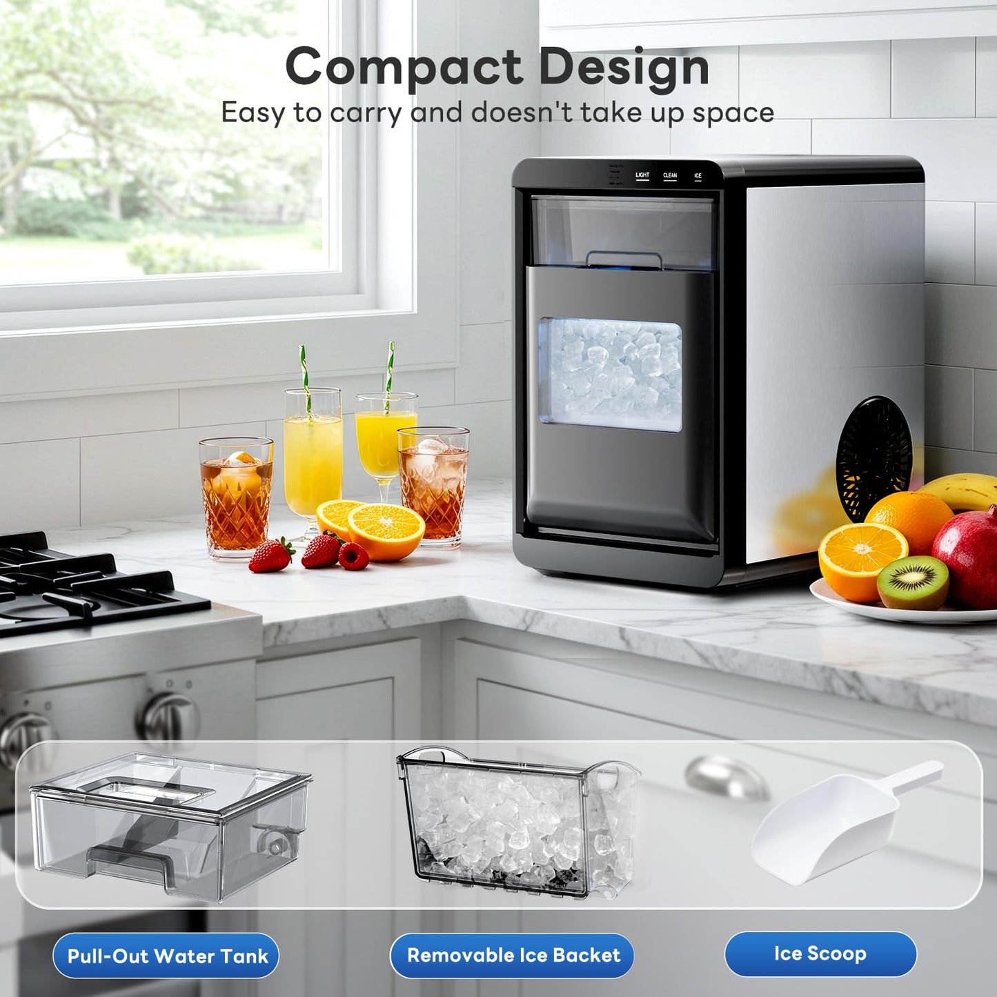 Countertop Nugget Ice Maker, Produces 44lbs Daily, Rapid 15-Min Sonic Ice Machine with Self-Cleaning, 1.8L Water Tank, Quiet Pebble Crushed Ice Maker for Kitchen, Office & RV