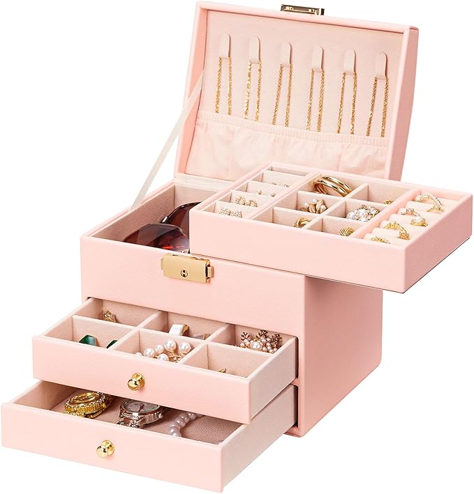 Homde Girls Jewelry Box with Lock: 3 Layer Organizer with Removable Tray - Storage for Ring Necklace Earring - Birthday & Return Gifts for Young Women (Blush Pink)