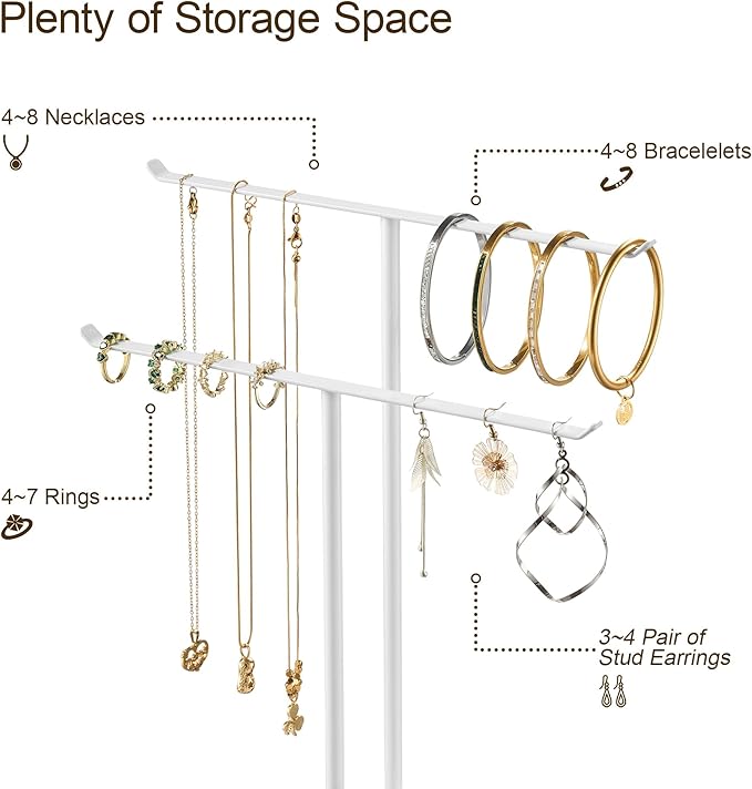 pickpiff Necklace Holder Jewelry Organizer Stand Ã¢ÂÂ 2Ã¢ÂÂTier TÃ¢ÂÂBar Jewelry Display Tree with Tray for Countertop Necklace Bracelet Earring Storage, Vanity Dresser Bathroom Sink, White