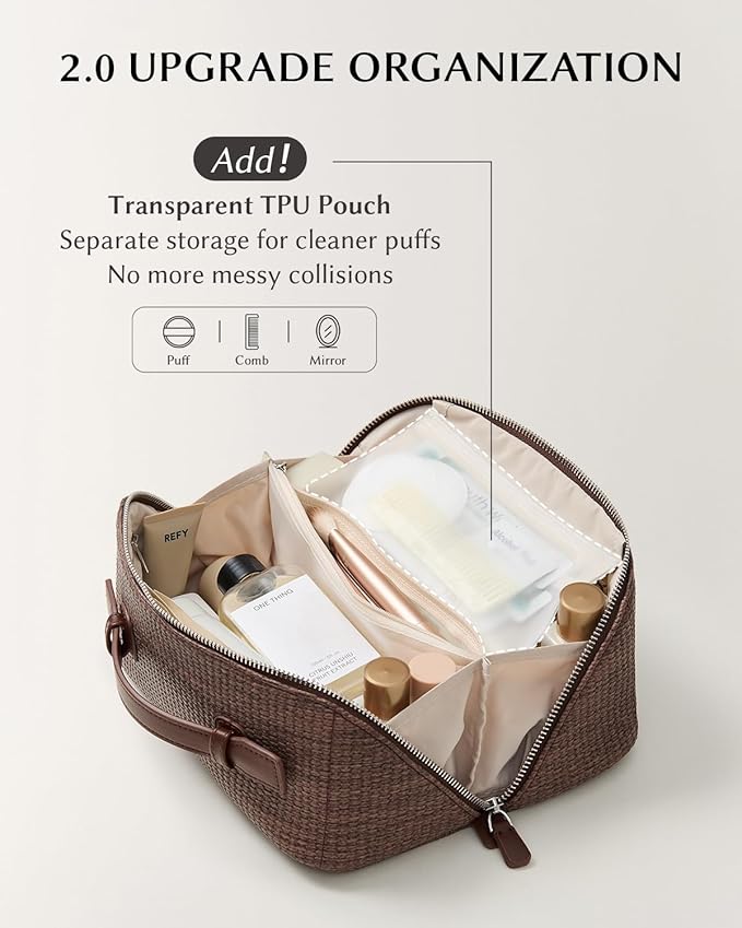 EACHY Travel Makeup Bag, Large Capacity Cosmetic Bag for Women, Waterproof PU Leather, Flat Open Portable Toiletry Bag for Skincare, Brushes & Travel Essentials