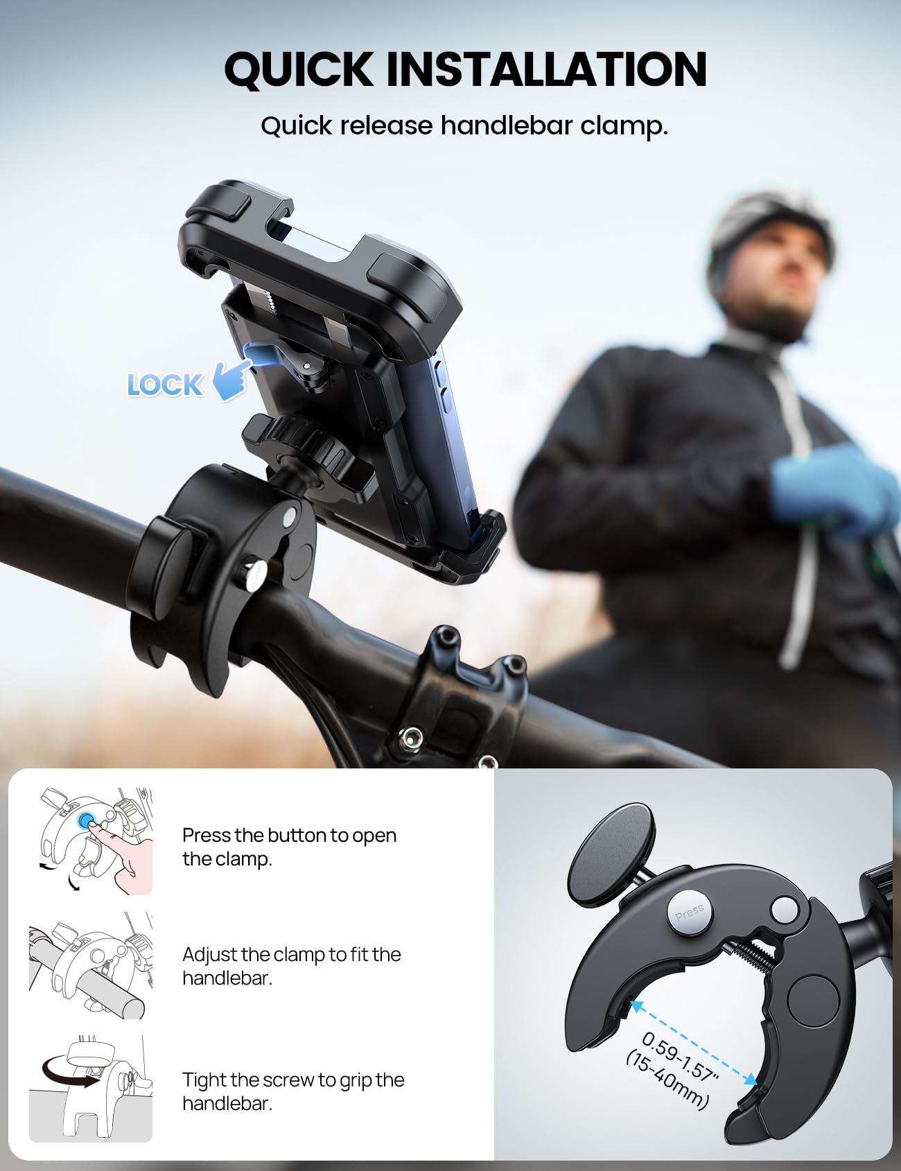 Lamicall Motorcycle Phone Mount, Bike Phone Holder - [Metal Lock] Upgrade Quick Install Bar Clip for Bicycle Scooter, Cell Phone Clamp Gifts for iPhone 17 16 15 Pro Max, Galaxy, 4.7-6.8" Phones
