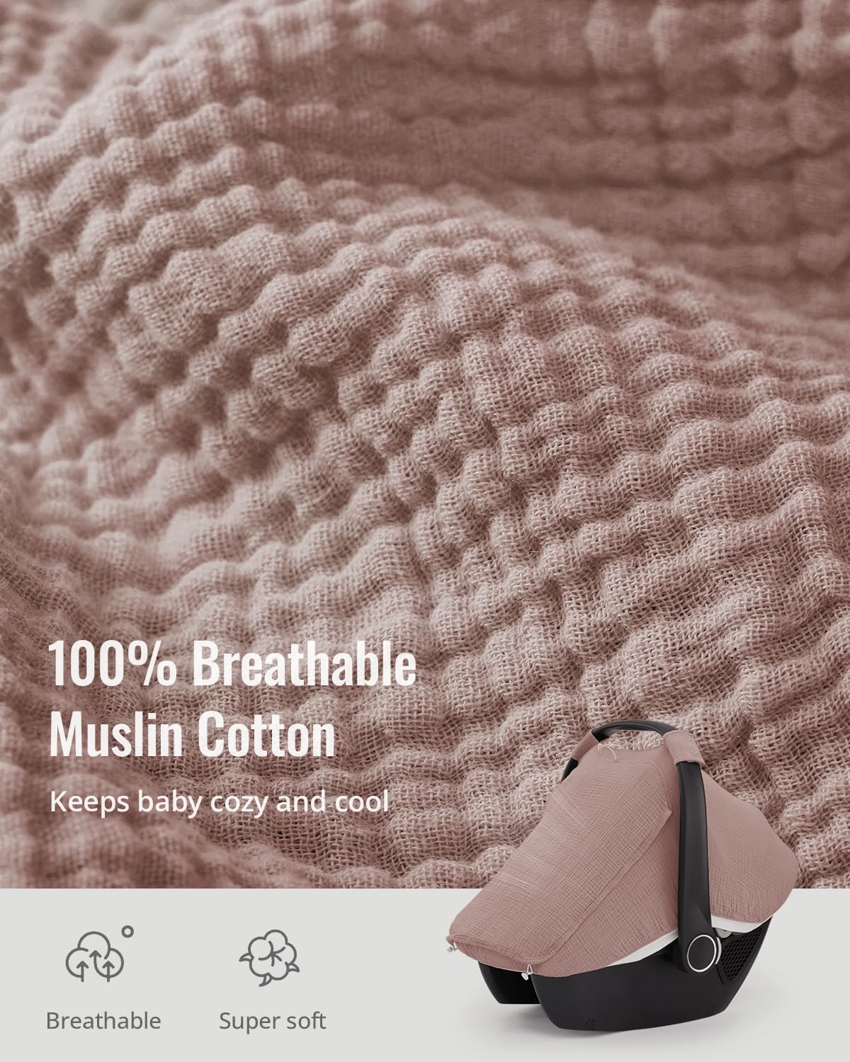 Blissful Diary Baby Car Seat Cover, Extra Large Mesh Window, Breathable Muslin Cotton, Infant Windproof Canopy-Dusty Pink