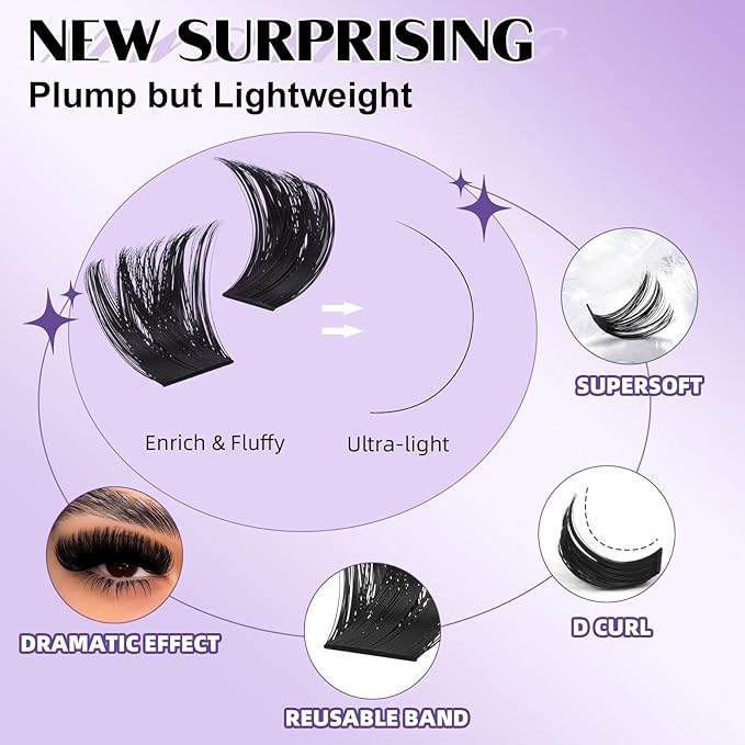 B&Q Fluffy Lash Clusters Thick 300D, Volume Eyelash Clusters 10-18mm, D Curl Cluster Eyelash Extensions, Supersoft Individual Lashes Wispy Cluster Lashes Dramatic Full Look Eyelash（300D）