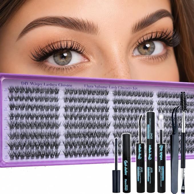 Wispy Lash Clusters Kit, Natural Lash Cluster Eyelash Extensions 320 Pcs C Curl 10-16mm Individual Fluffy False Eyelashes Thin Band DIY Kit for Beginners at Home with Bond Seal Remover Tweezers Brush